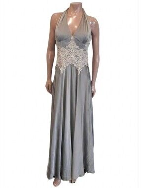 Vintage Joseph Ribkoff Halter Dress Sage Green Gold Crochet Maxi Sleeveless Gown